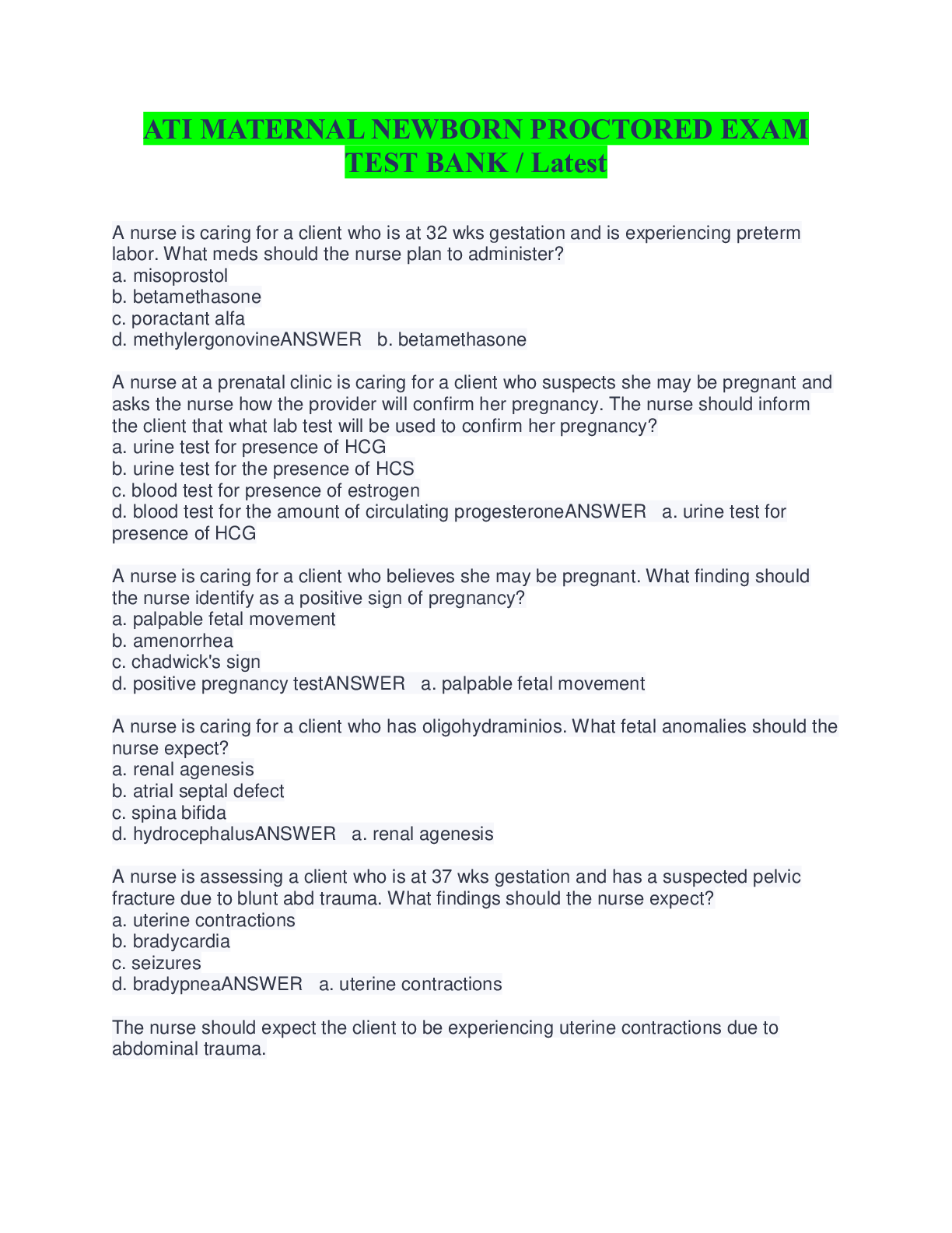 Preview image for ATI MATERNAL NEWBORN PROCTORED EXAM  TEST BANK / Latest